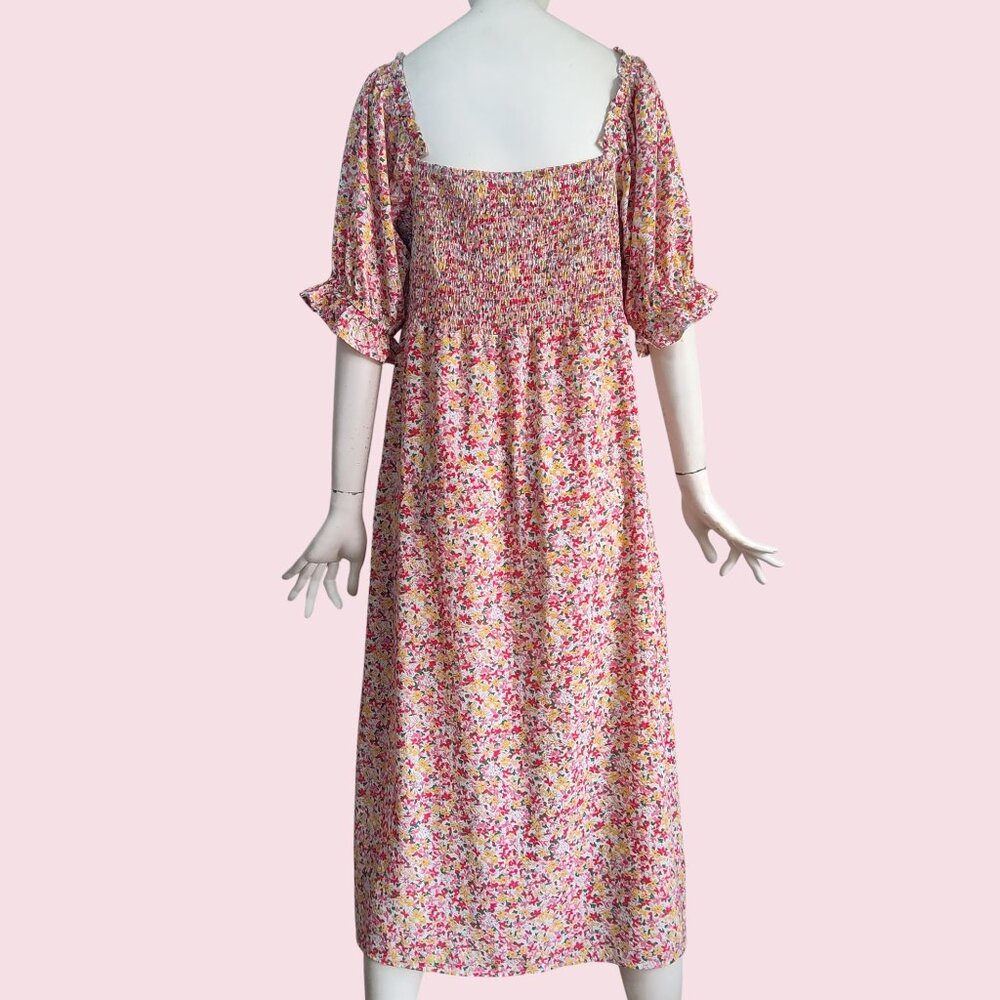 Lush Boho Ditsy Floral Smocked Back Sweetheart Neck Puff Sleeve Midi Dress Sz XL - Picture 2 of 11